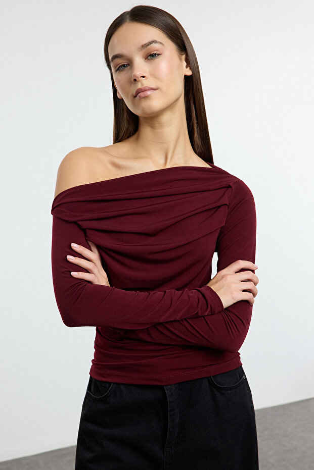 Bordo Büzgü/Drape Detaylı Fitted/Vücuda Oturan Uzun Kollu Esnek Örme Bluz TWOAW25BZ00248 - 1