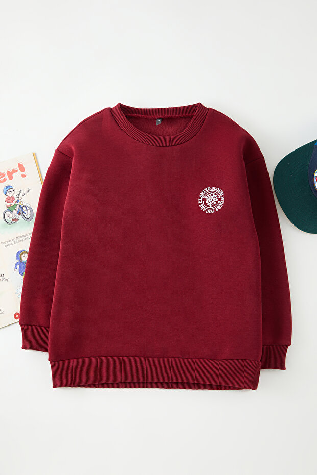 Bordo Sırt Baskılı Erkek Çocuk Düz Örme Mini Me Sweatshirt TKDAW25SW00115 - 2