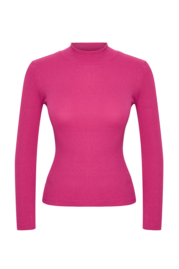 Flexible, gerippte, rosa Strickbluse – lange Ärmel, Stehkragen – TWOAW21BZ0423 - 6
