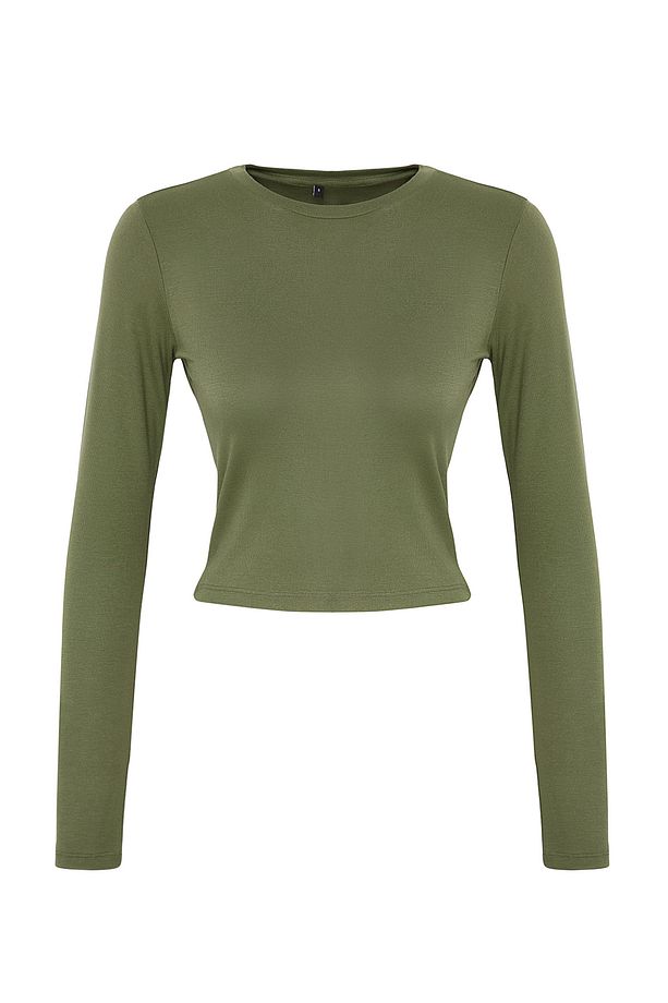 Haki  Premium Viskon Bisiklet Yaka Crop Esnek  Örme Bluz TWOAW24BZ00116 - 6