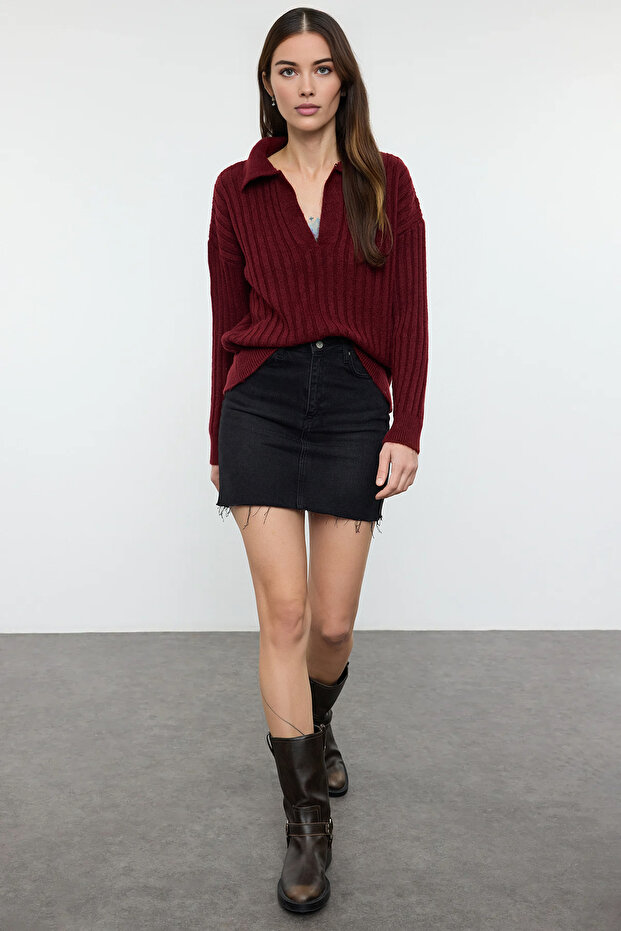 Bordo Yumuşak Dokulu Polo Yaka Triko Kazak TWOAW24KZ00678 - 2