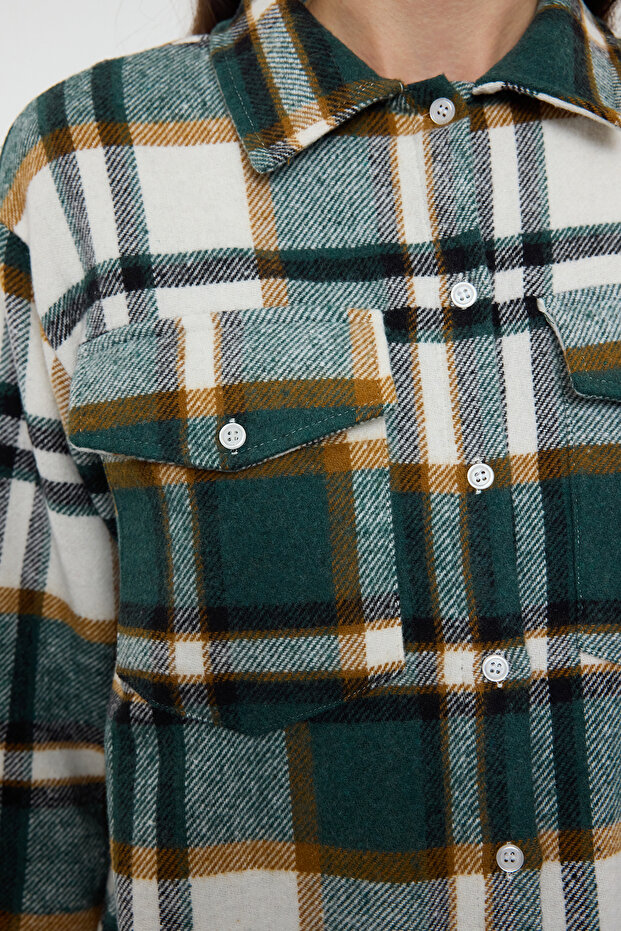 Koyu Yeşil Ekose Oversize/Geniş Kalıp Dokuma Gömlek TWOAW22GO0549 - 4