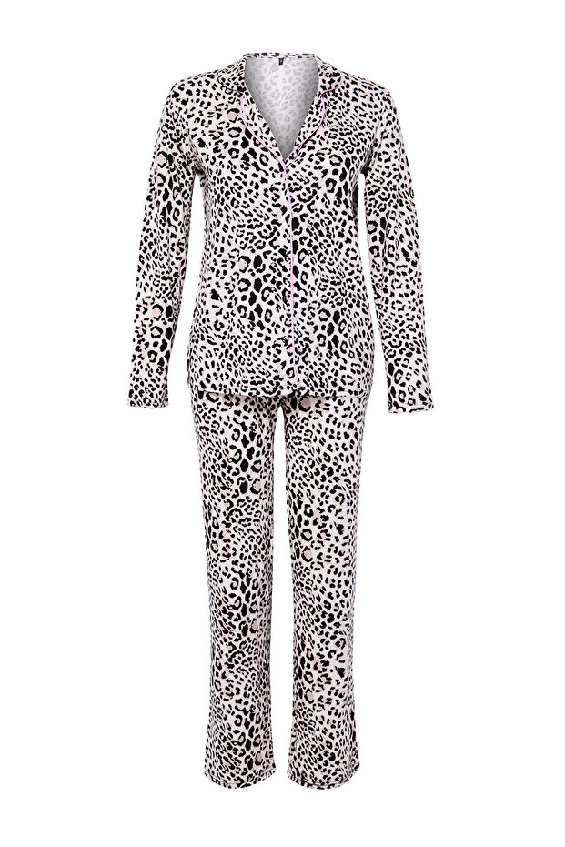 Çok Renkli Leopar Desenli Kurdele/Fiyonklu Biyeli Örme Pijama Takımı THMAW25PT00107 - 6