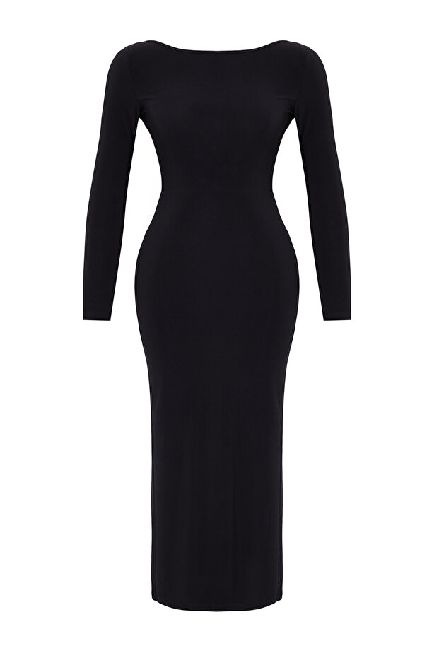 Siyah Kayık Yaka Sırt Dekolteli Yırtmaçlı Fitted/Vücuda Oturan Maxi Esnek Örme Elbise TWOAW24EL00824 - 7