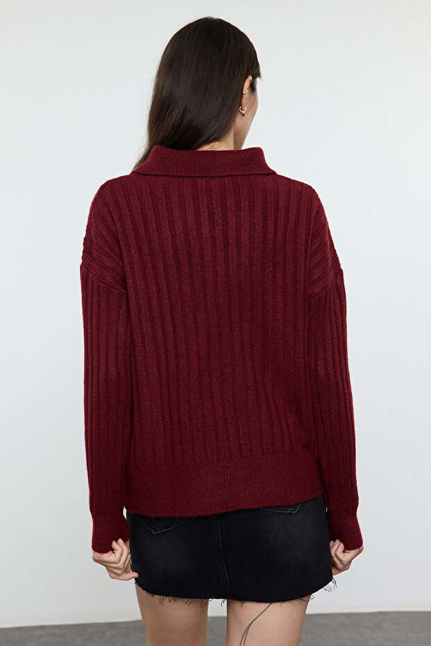 Bordo Yumuşak Dokulu Polo Yaka Triko Kazak TWOAW24KZ00678 - 5