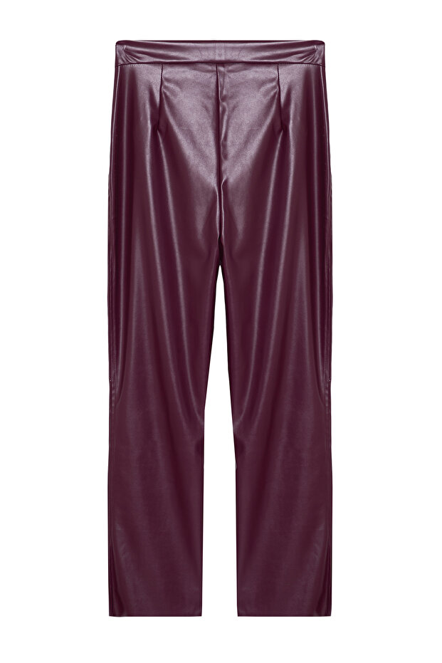 Bordo Suni Deri Cigarette Paçası Fermuarlı Dokuma Pantolon TWOAW25PL00049 - 8