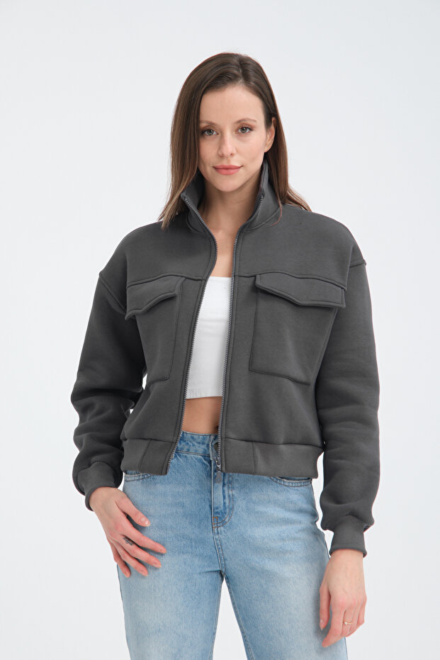 Women's Cotton with Fleece Inside with Pocket Crop Jacket-Cardigan