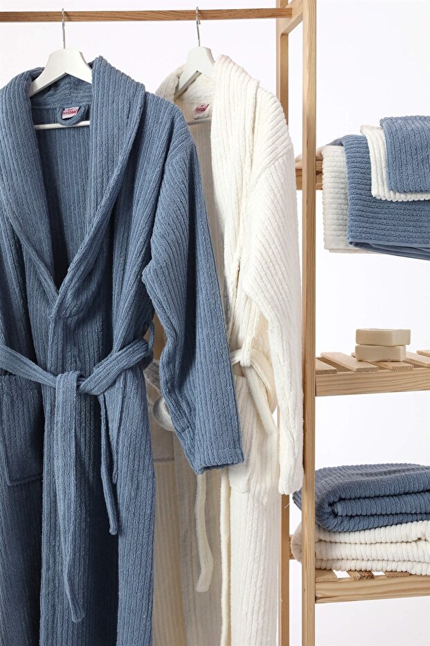 Ekol 8 Piece Cotton Family Bathrobe Set - Indigo - Cream