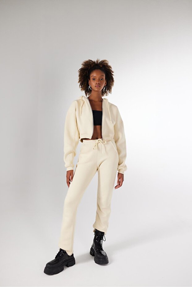 High Waist Straight Cut Shirred Mixed Sweatpants Beige