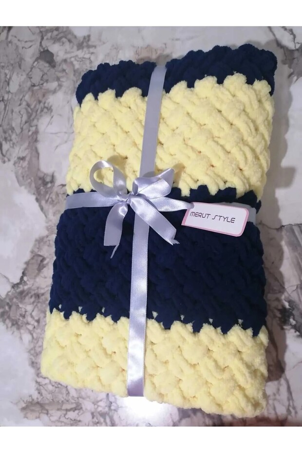 El Örgüsü Alize Puffy Bebek Battaniyesi Sarı Lacivert Hasır Desen - 7