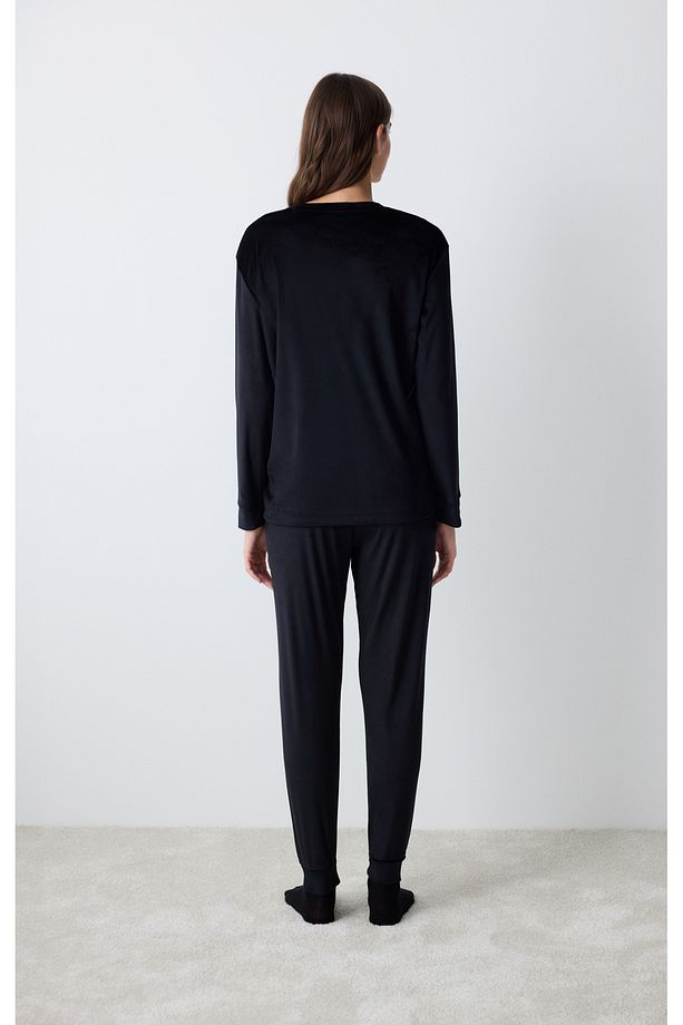 Black Fuzzy Solid Siyah Pijama Üstü - 4