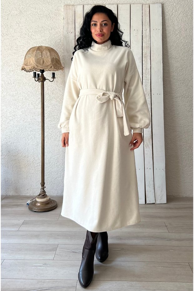 Long Cream Casual Stamp Dress