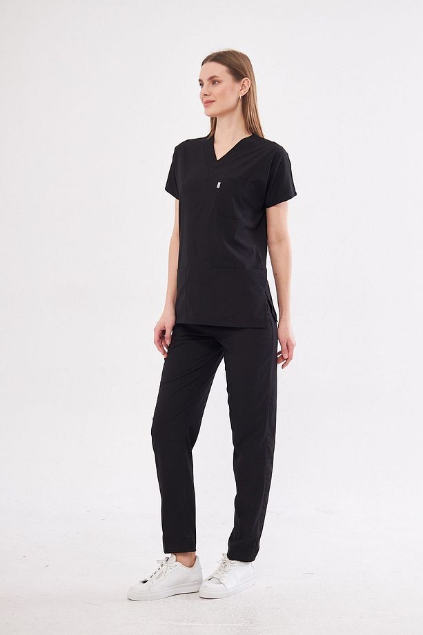 Siyah Likralı Unisex Yarasa Kol Hemşire Ve Doktor Forması Takımı Scrubs - 5