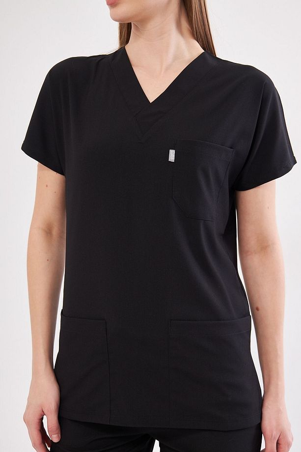 Siyah Likralı Unisex Yarasa Kol Hemşire Ve Doktor Forması Takımı Scrubs - 9