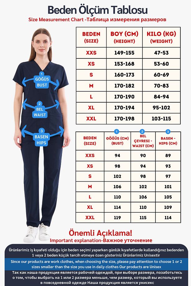 Lacivert Likralı Unisex Yarasa Kol Hemşire Ve Doktor Forması Takımı Scrubs Hastane Üniforması - 3