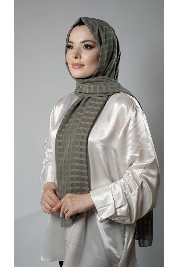 Khaki Patterned Shawl Chiffon Fabric Checked Striped 202107_09