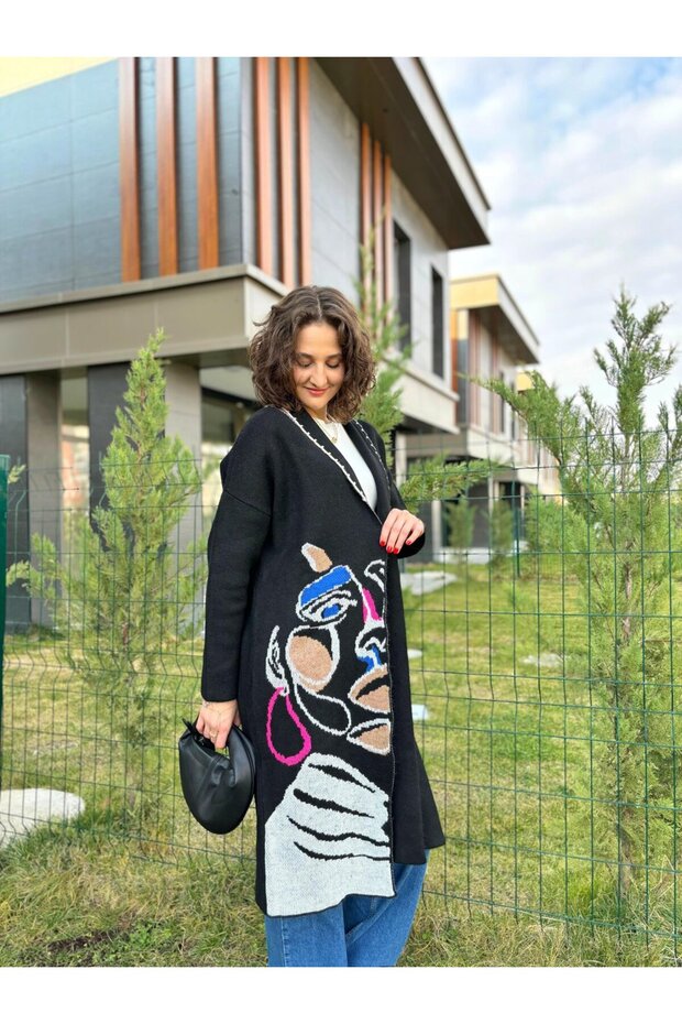 Oversize Desenli Triko Hırka - 4