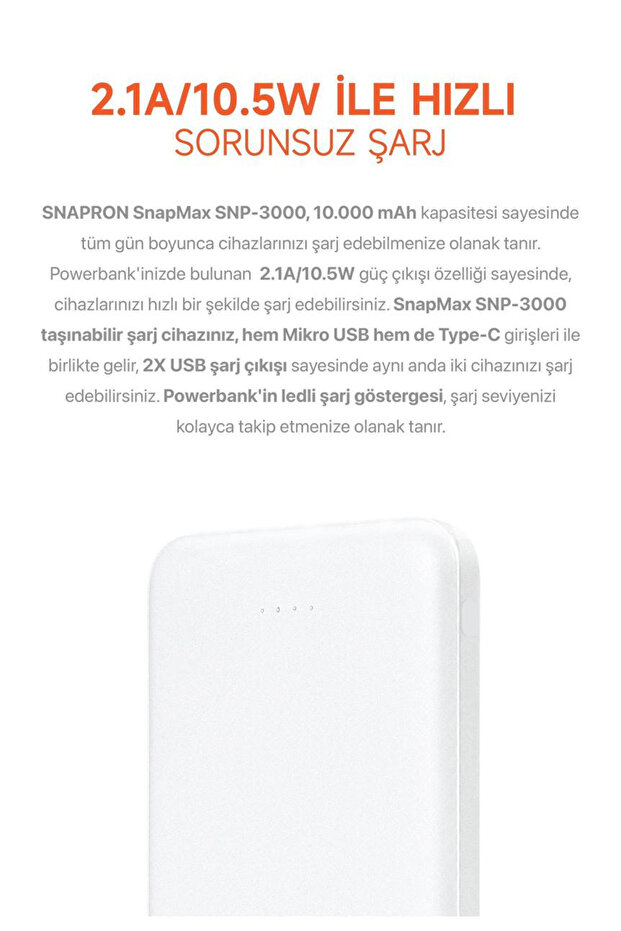 10.000 MAH POWERBANK 2X USB ÇIKIŞLI 1 TYPE-C VE 1 MİCRO GİRİŞLİ - 5