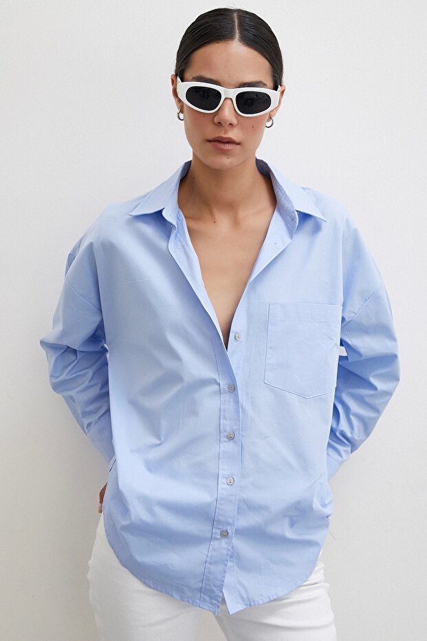 Tek Cepli Oversize Gömlek Mavi - 5