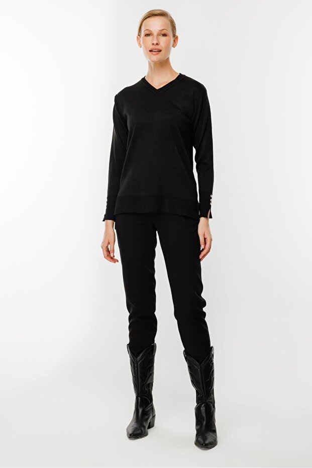 V Yaka Basic Triko Kazak-SİYAH - 3