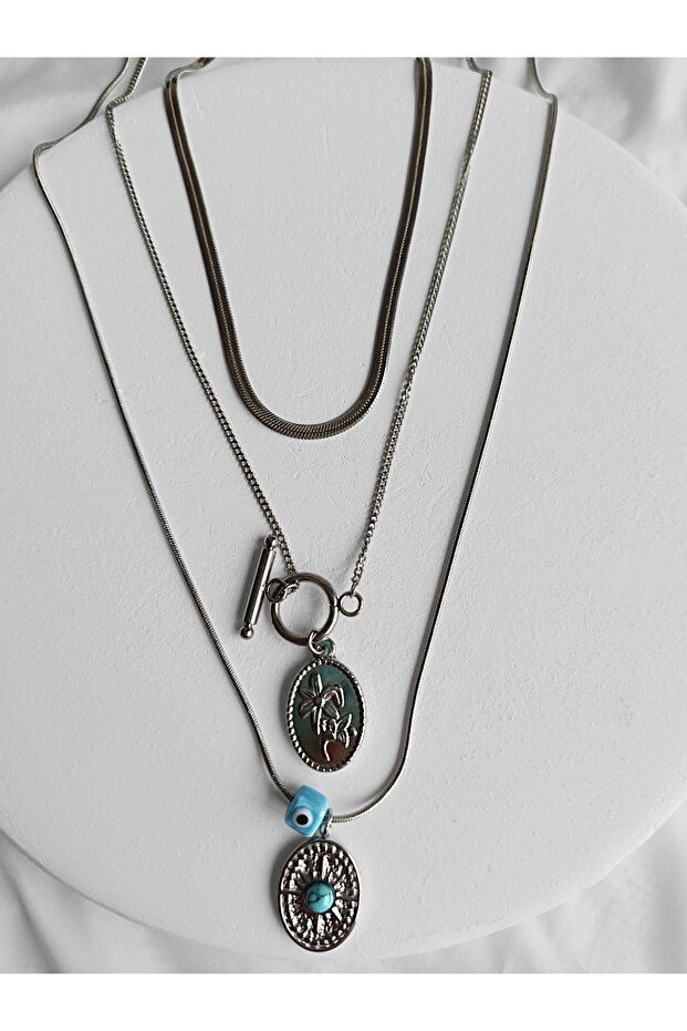 Çelik 3 lü Nazar Kolye Set - 1