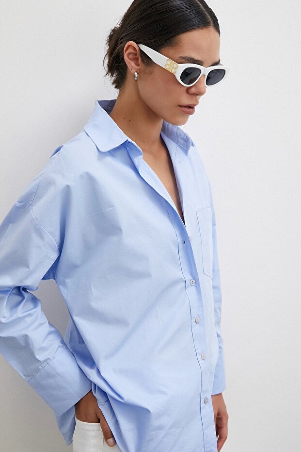 Tek Cepli Oversize Gömlek Mavi - 6