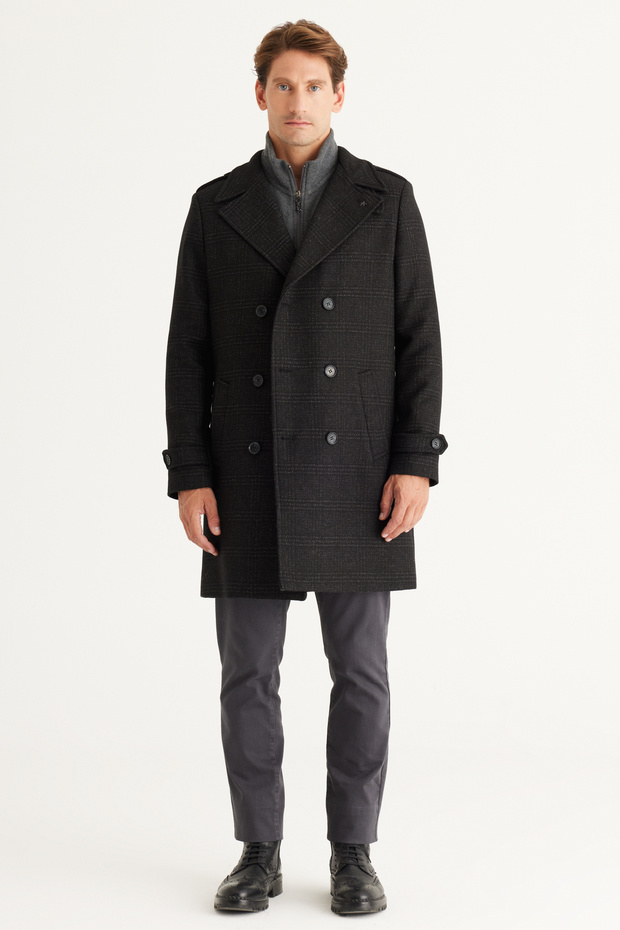 Paltoane pentru bărbați din lână neagră, cu croiala normală, cu guler mono - 3