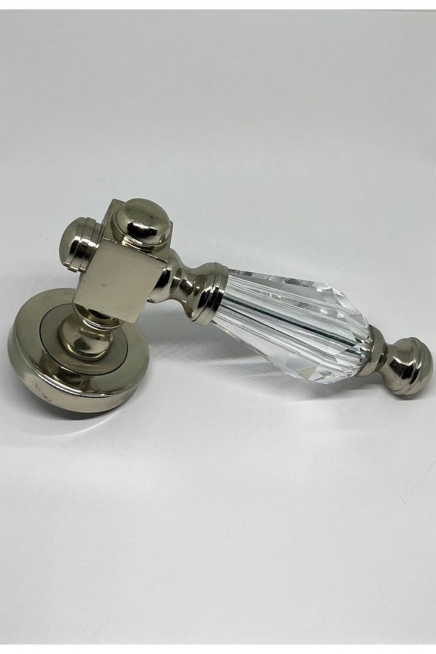 Lüks Camlı Kristal Kapı Kolu Rozetli Oda Kapı Kolu Saten 1 Takım (SAĞ BASAR VE SOL BASAR) - 1