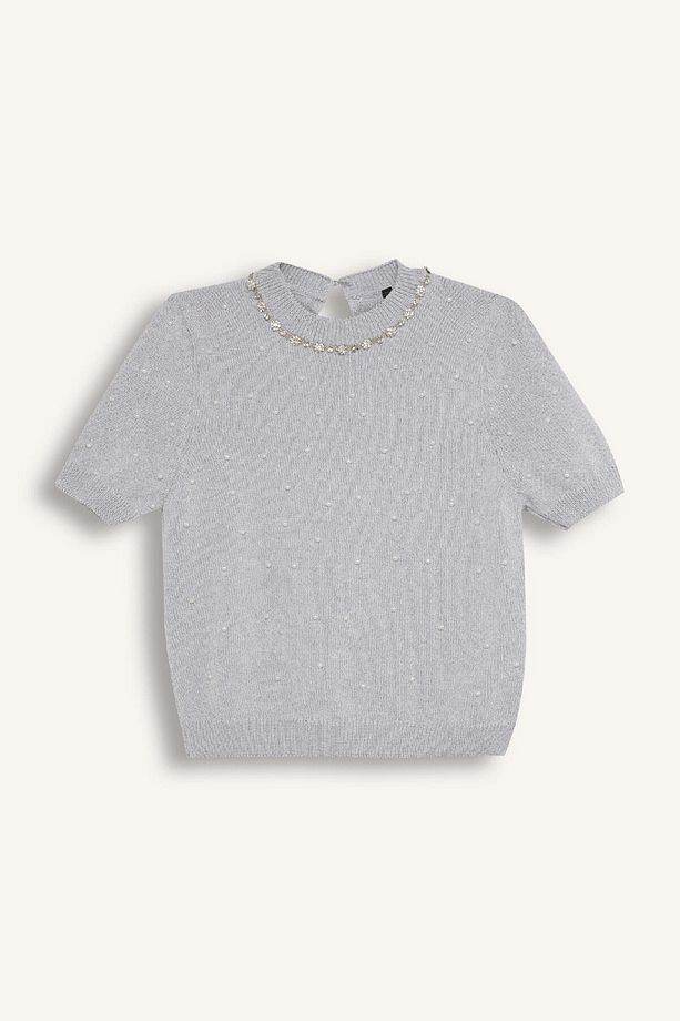 Regular Fit Taşlı Bisiklet Yaka Basic Düz Triko Kazak D8520AX24WN - 7