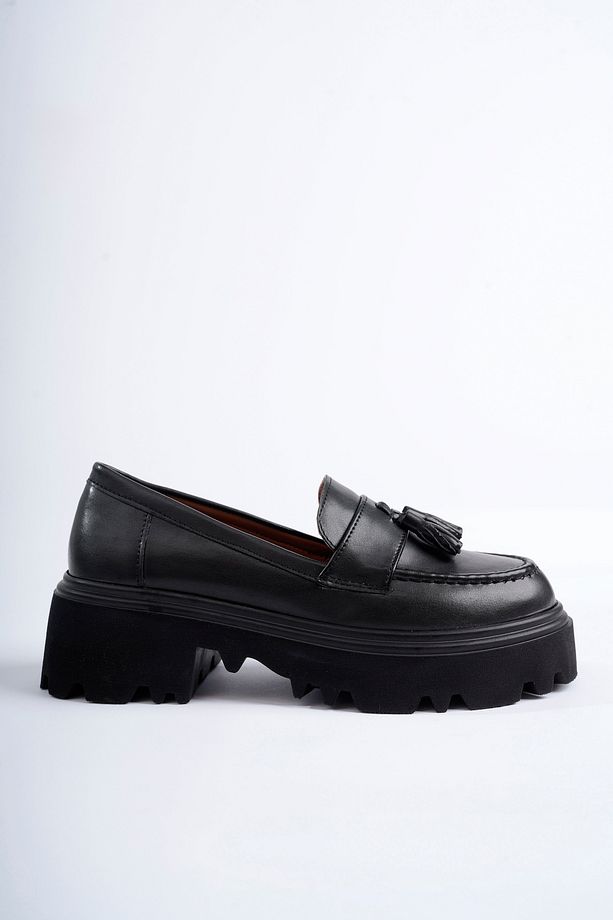 Class Model Siyah Cilt Püsküllü Kadın Loafer Ayakkabı - 4
