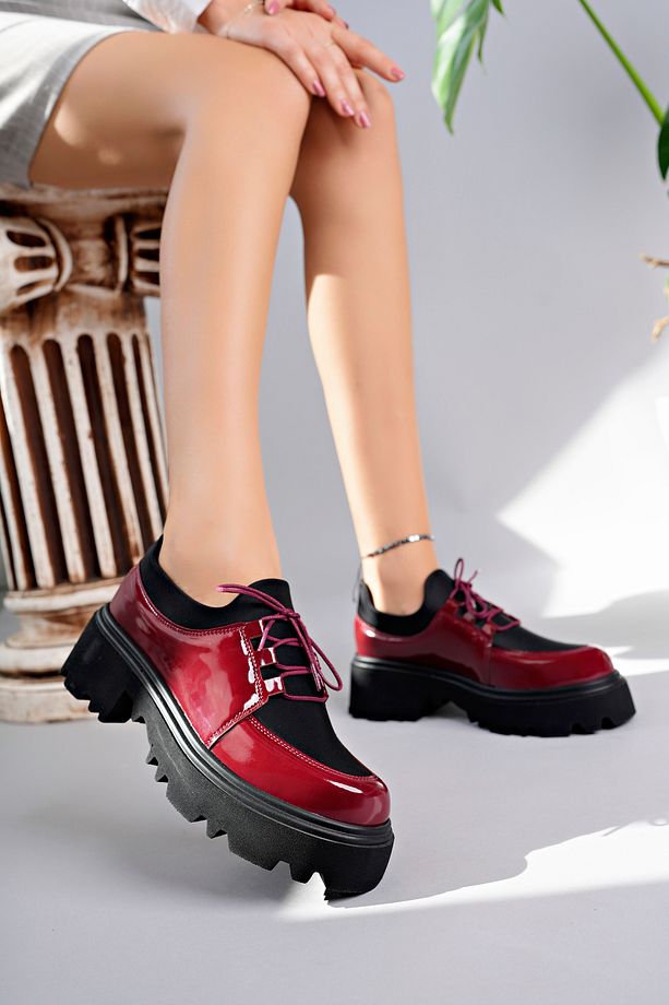 Flex Model Scuba Dalgıç Kumaş Detaylı Bordo Kırışık Rugan Bağcıklı Kadın Loafer Ayakkabı - 4