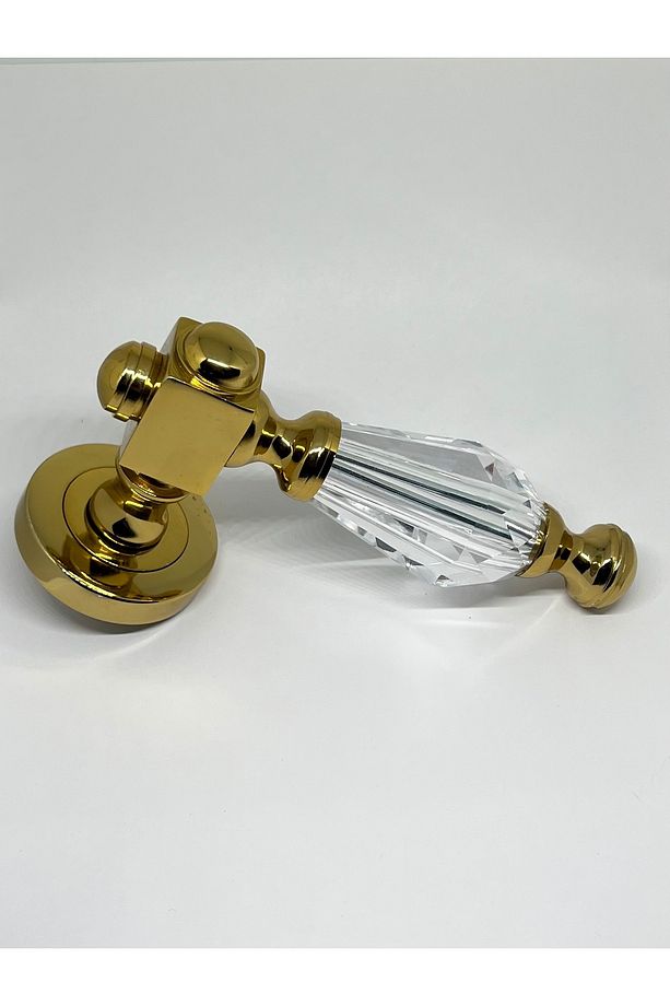 Lüks Camlı Kristal Kapı Kolu Rozetli Oda Kapı Kolu Gold 1 Takım (SAĞ BASAR VE SOL BASAR) - 1