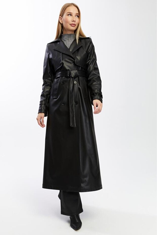 Long Leather Trench Coat with Double Pockets