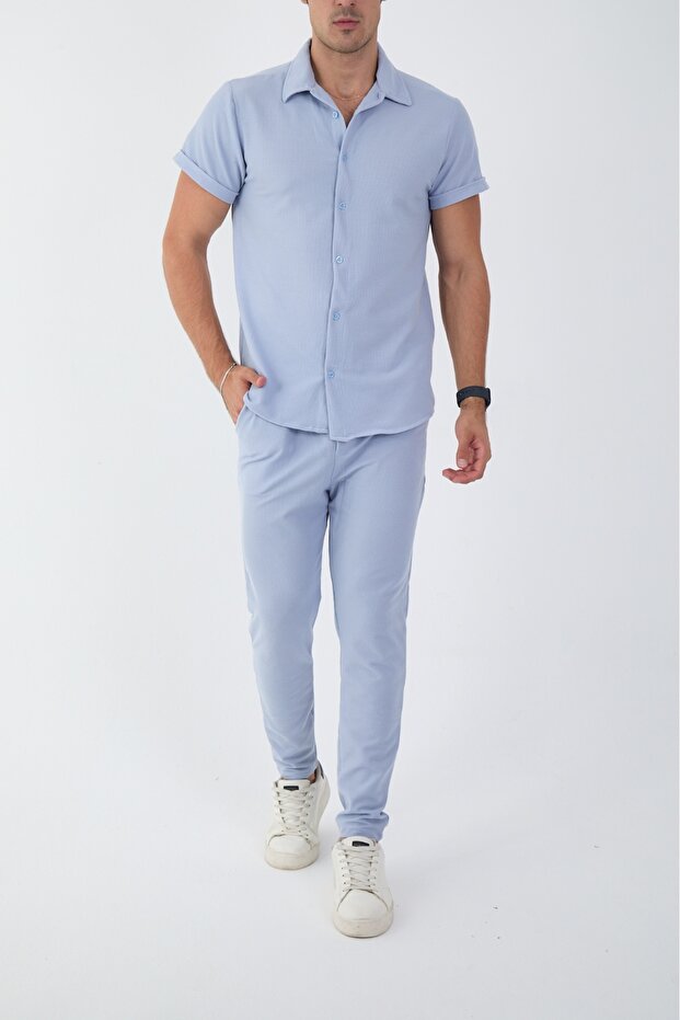 Blue Color Slim Fit Men's Pants - Shirt Bottom Top Set