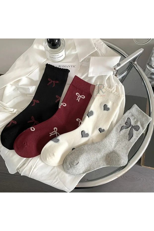 4 Pairs Women's Bow Heart Pattern Socks Women's Seasonal Long Multicolor Socks