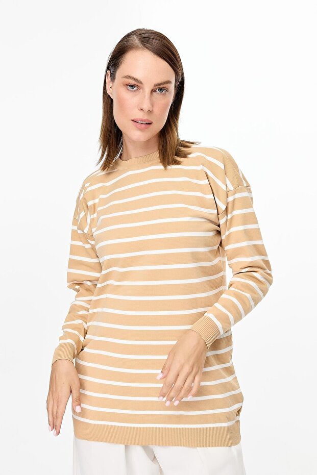Çizgili Basic Triko Tunik-BİSKÜVİ - 3