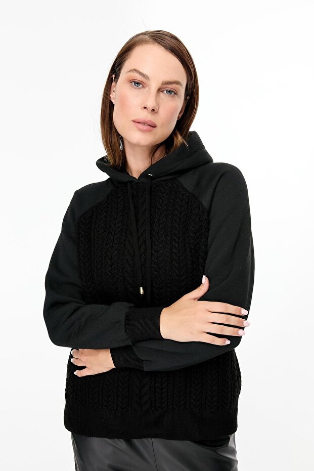 Kapüşonlu Örme Desenli Triko Bluz-SİYAH - 4