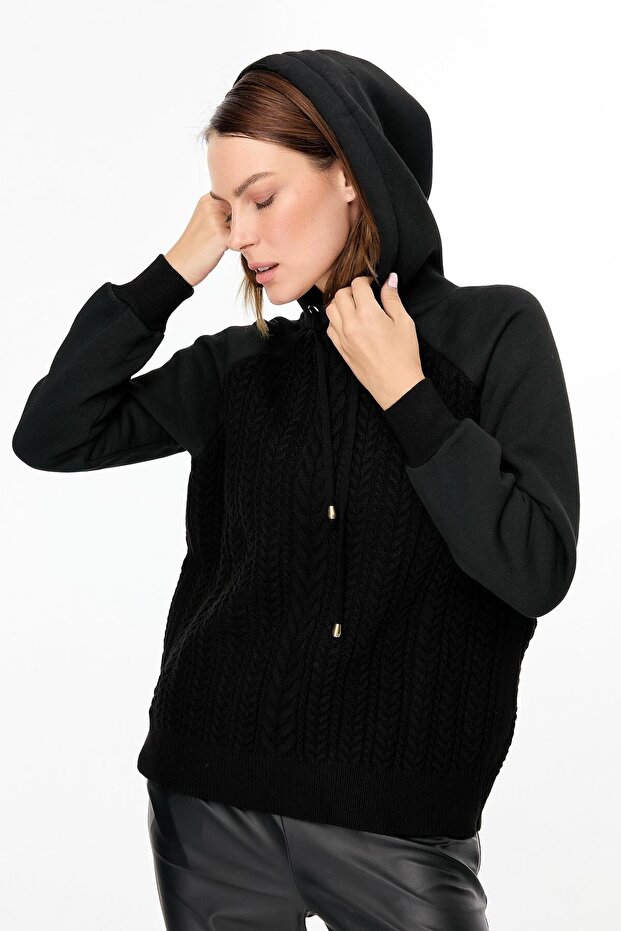 Kapüşonlu Örme Desenli Triko Bluz-SİYAH - 8