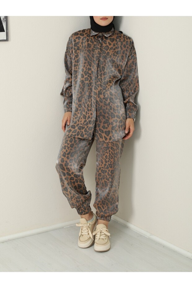 Leopard Pattern Flamed Satin Set - Brown - 5