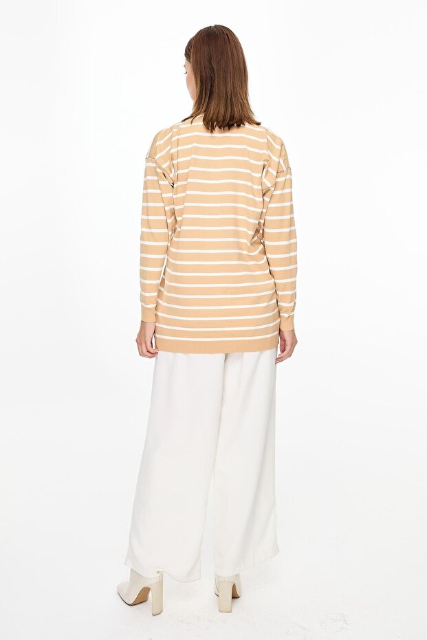 Çizgili Basic Triko Tunik-BİSKÜVİ - 6
