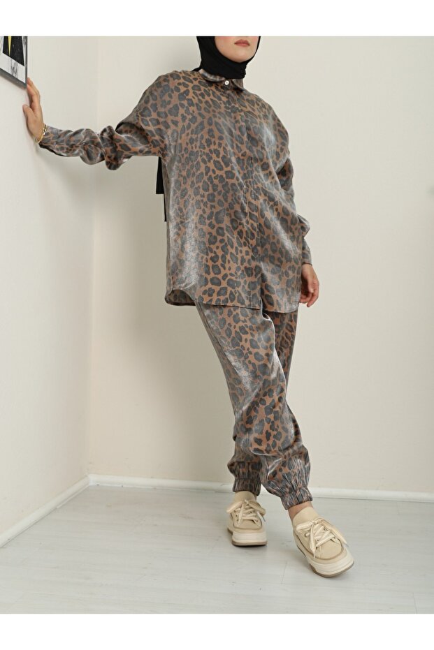 Leopard Pattern Flamed Satin Set - Brown - 6