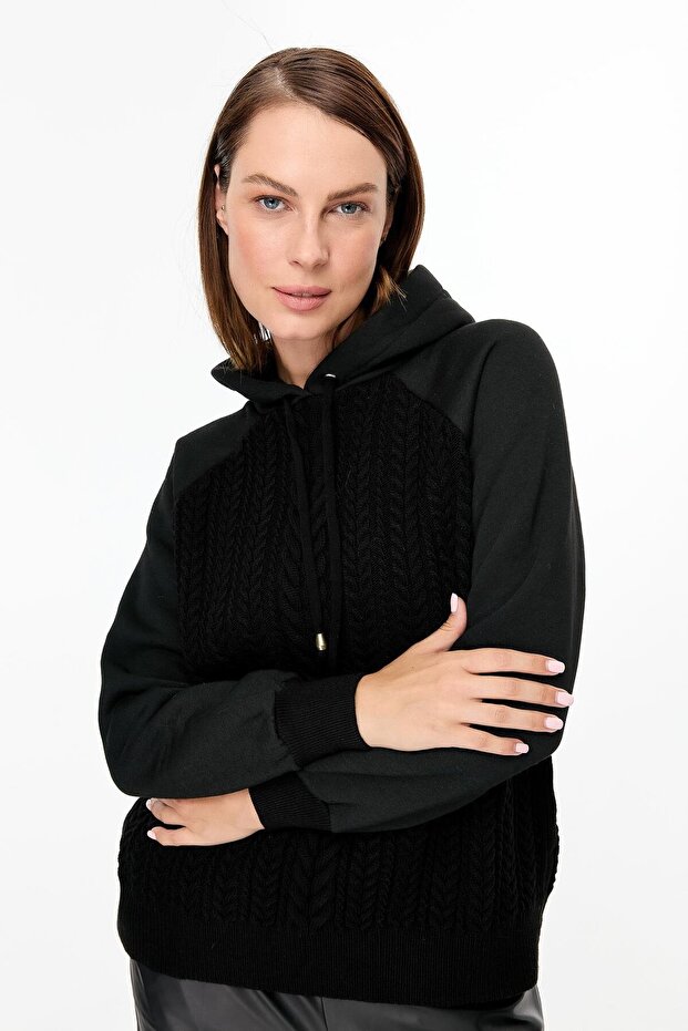 Kapüşonlu Örme Desenli Triko Bluz-SİYAH - 5