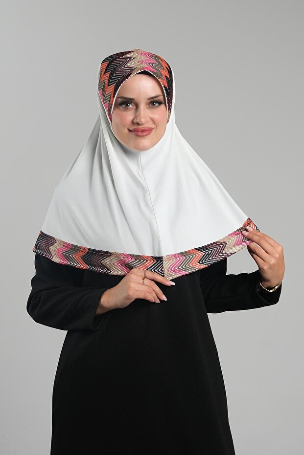 Cream Practical Ready-To-Wear Hijab Scarf Sandy Colorful Patterned Mesh 2401_40