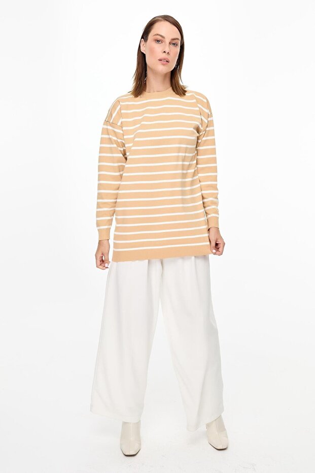 Çizgili Basic Triko Tunik-BİSKÜVİ - 2