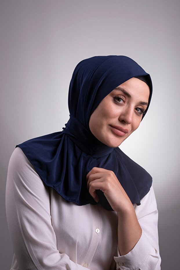 Navy Blue Practical Ready-made Interlocking Hijab Scarf Sandy Fabric with Snaps at the Back 2101_02