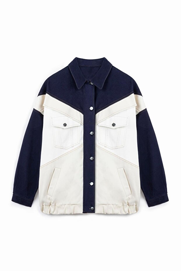 Patchwork Detaylı Tasarım Ceket Mavi - 1