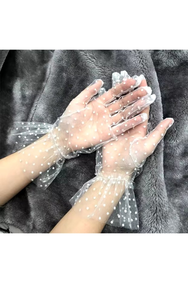 Bridal Gloves Henna Wedding Wedding Short Length Laced Polka Dot White Color Adult Tulle Gloves
