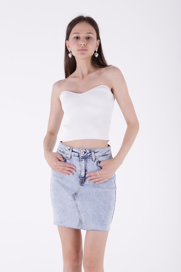 Front Stitching Detail Regular Waist and Pockets Women's Mini Denim Skirt Snow Light Blue Four Seasons Richmost
