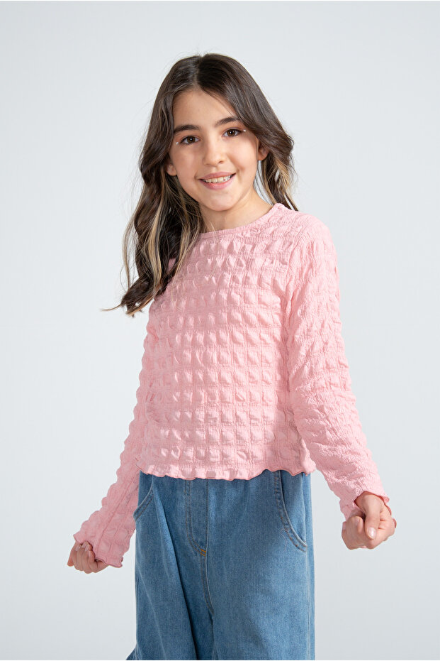 Girls' Texture Print Long Sleeve Blouse – Cream and Pink Color
