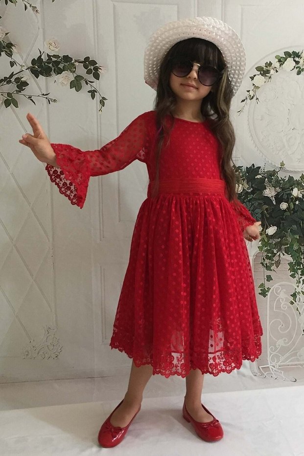 Princess Girl's Red Dress Evening Dress with Hat and Lacing